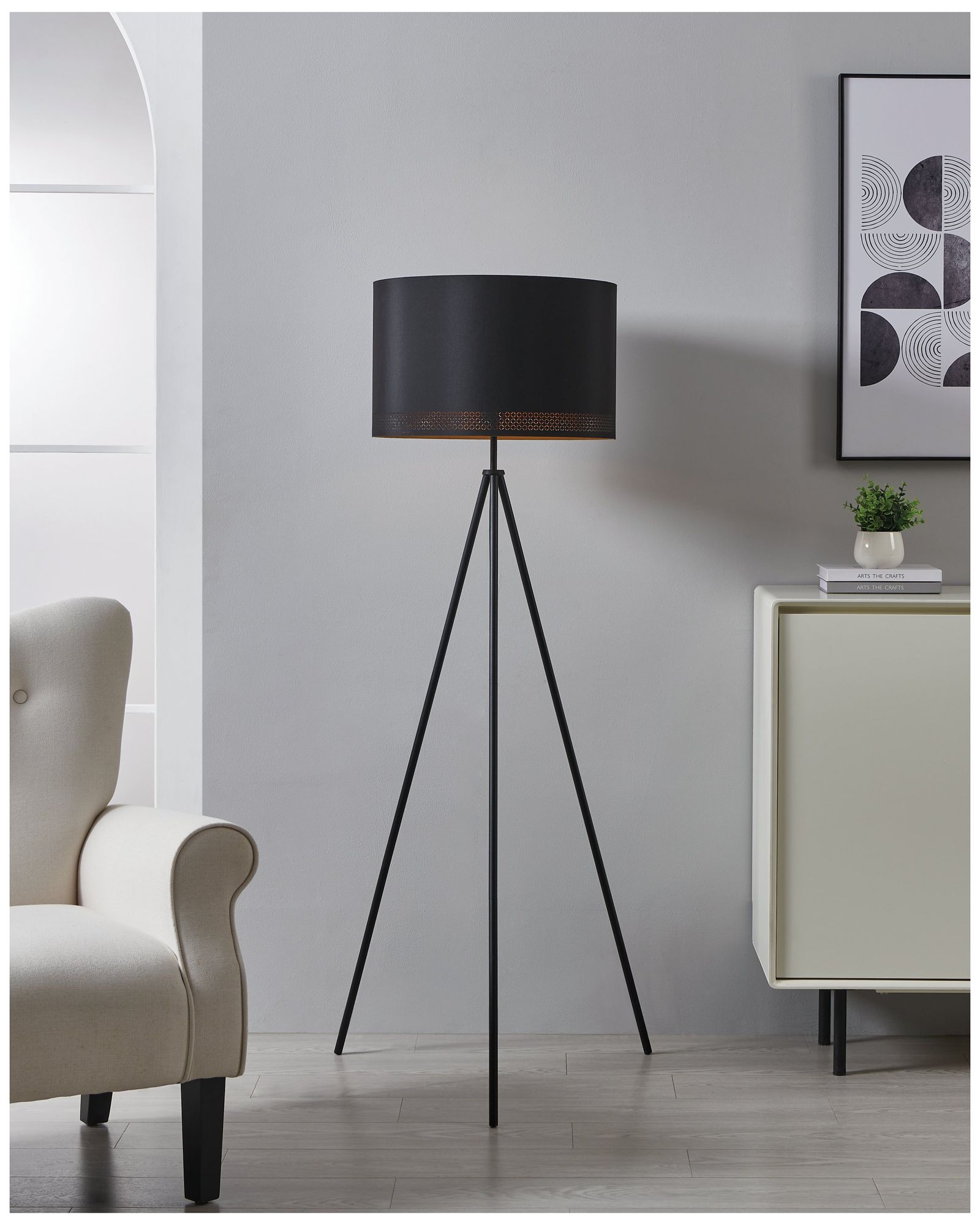 Image 4 Eglo Esteperra 61-inch Black Floor Lamp with Black and Gold Fabric Shade more views