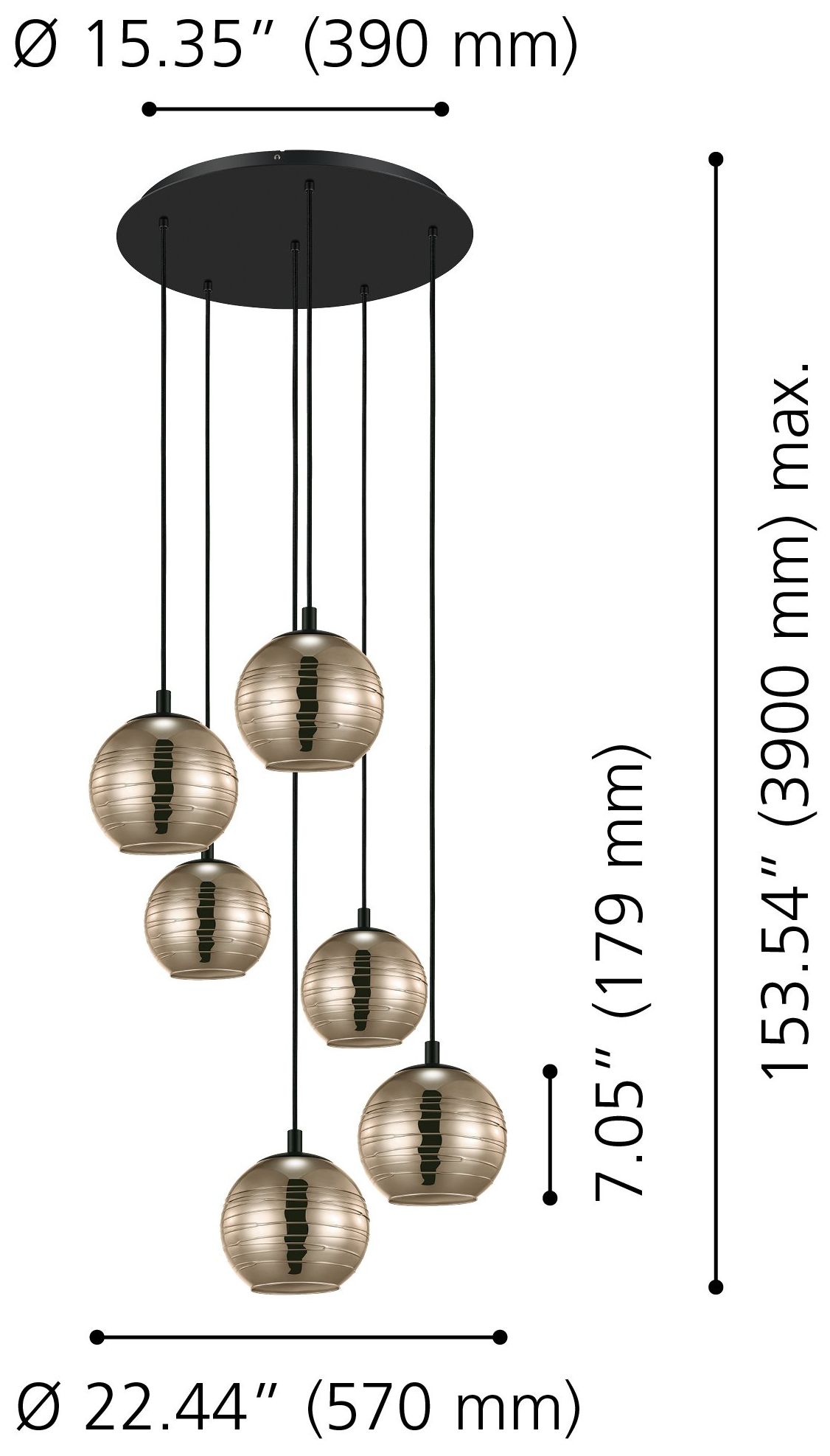 Image 2 Eglo Lemorieta 6 Light Black Pendant Light with Gold Smoked Glass Shades more views