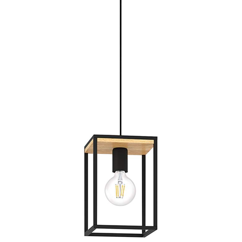 Image 1 Eglo Libertad 7"W Black Metal and Brown Wood Mini Pendant
