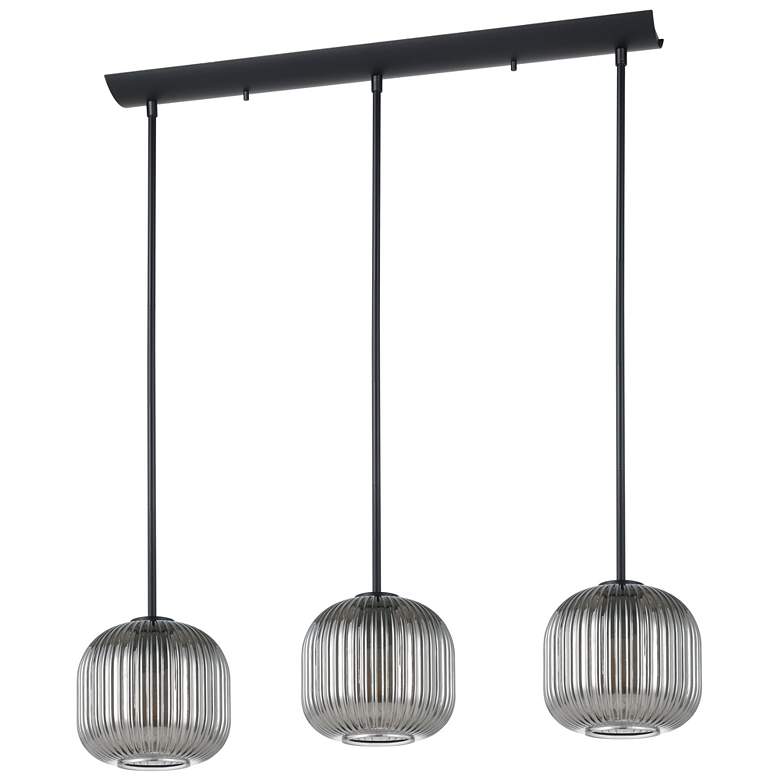 Image 1 Eglo Mantunalle 1 35" 3 Light Black Pendant w/ Chrome Smoked Glass Shades