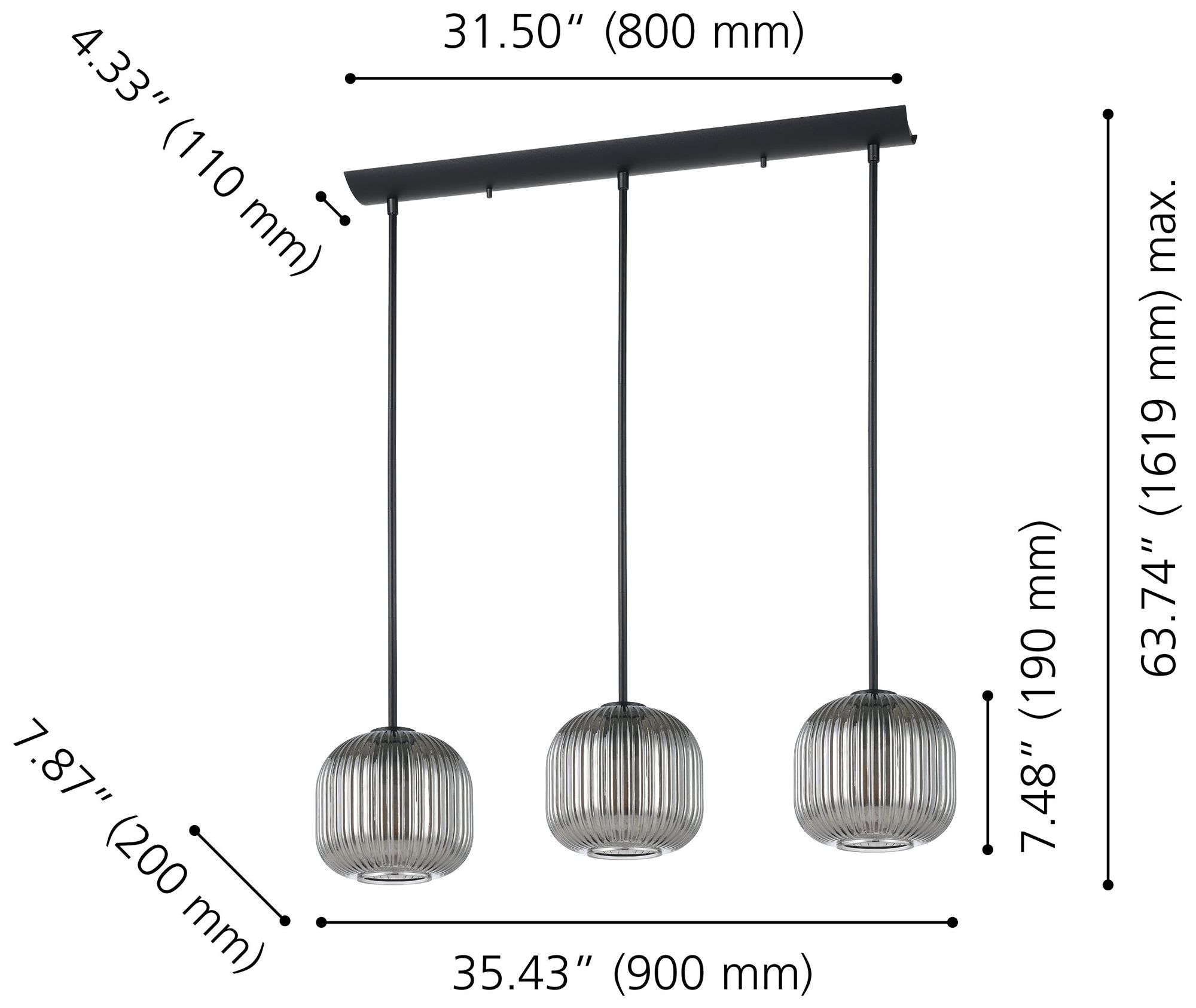 Image 2 Eglo Mantunalle 1 35" 3 Light Black Pendant w/ Chrome Smoked Glass Shades more views