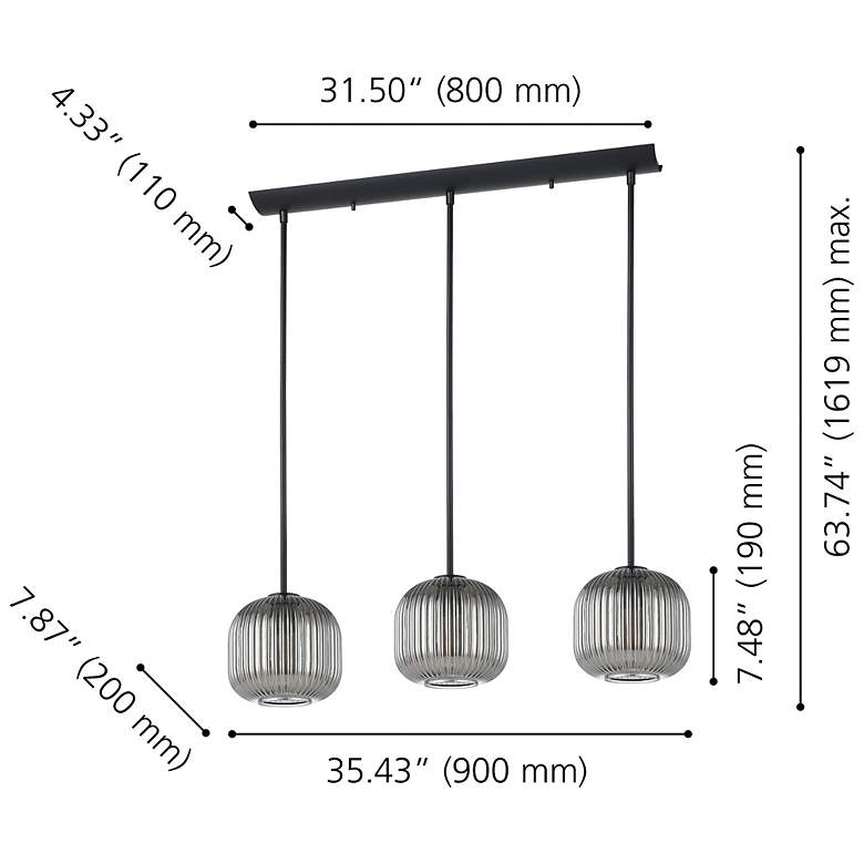 Image 2 Eglo Mantunalle 1 35" 3 Light Black Pendant w/ Chrome Smoked Glass Shades more views