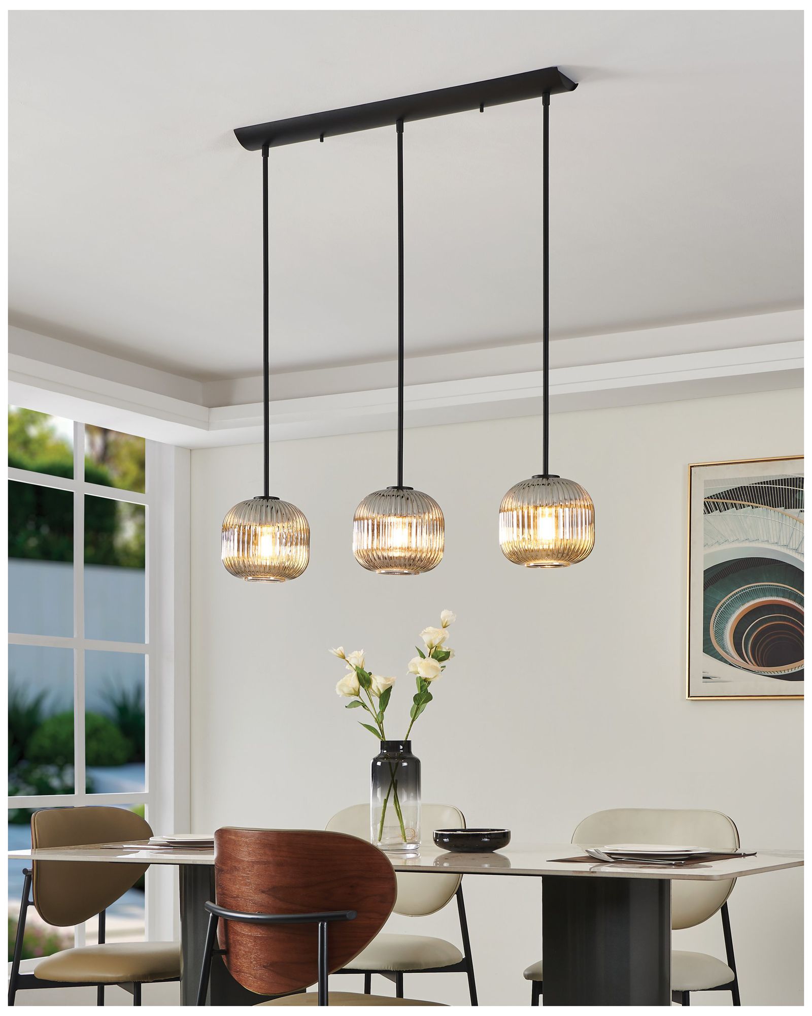 Image 6 Eglo Mantunalle 1 35" 3 Light Black Pendant w/ Chrome Smoked Glass Shades more views