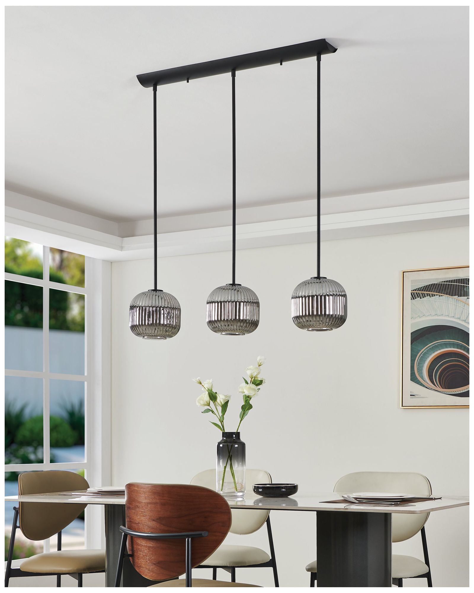 Image 7 Eglo Mantunalle 1 35" 3 Light Black Pendant w/ Chrome Smoked Glass Shades more views
