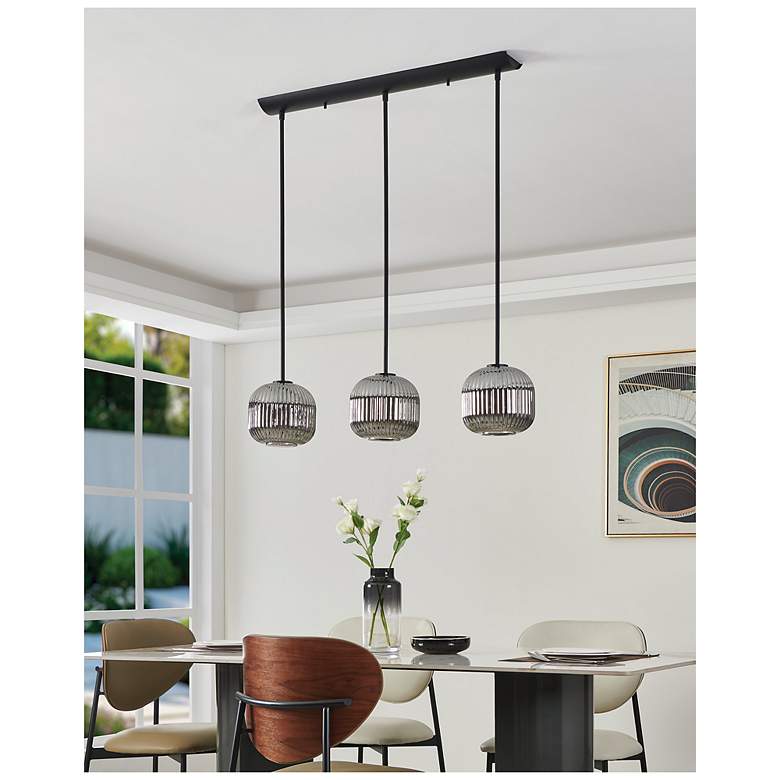 Image 7 Eglo Mantunalle 1 35" 3 Light Black Pendant w/ Chrome Smoked Glass Shades more views