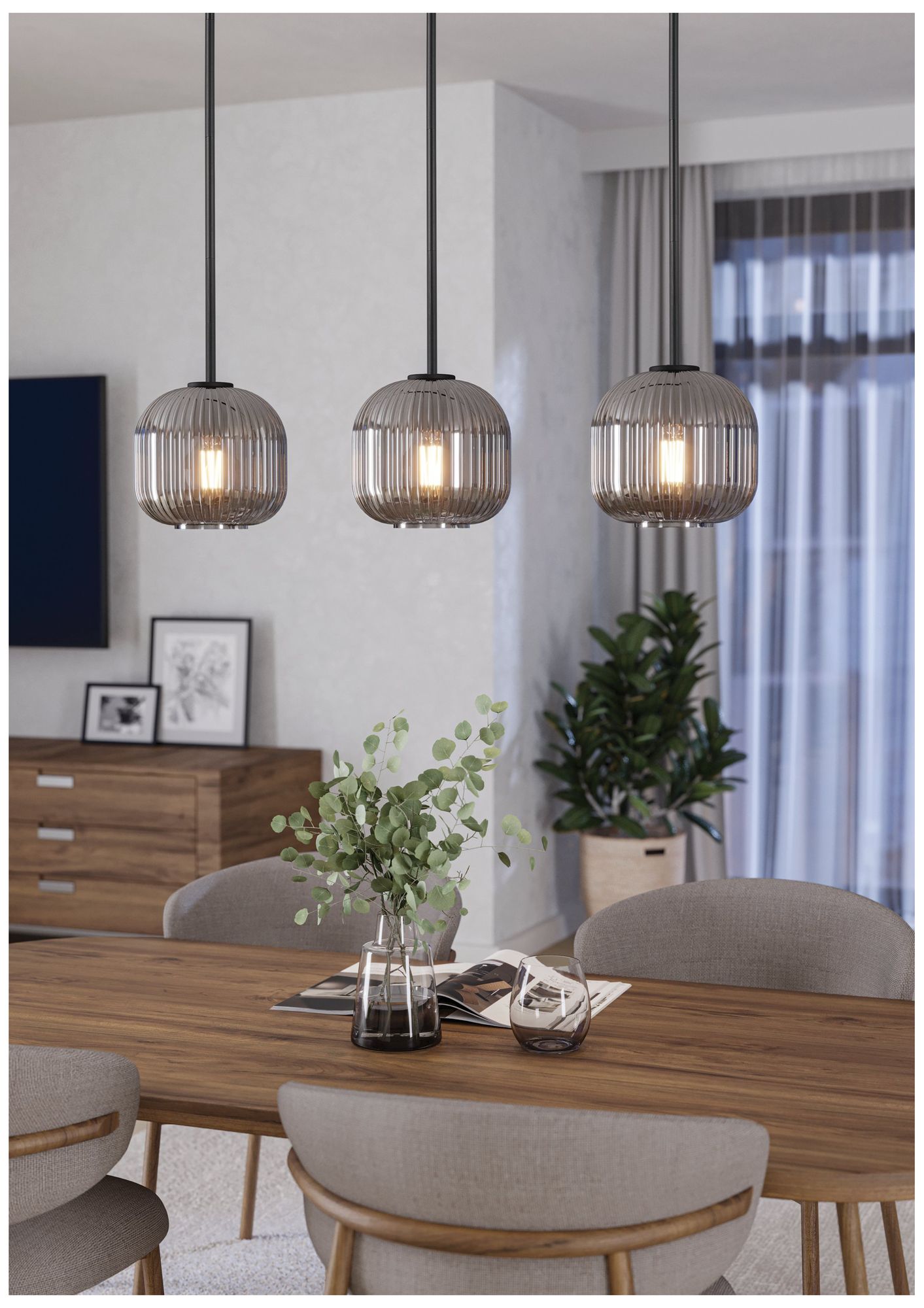 Eglo Mantunalle 1 35" 3 Light Black Pendant w/ Chrome Smoked Glass Shades