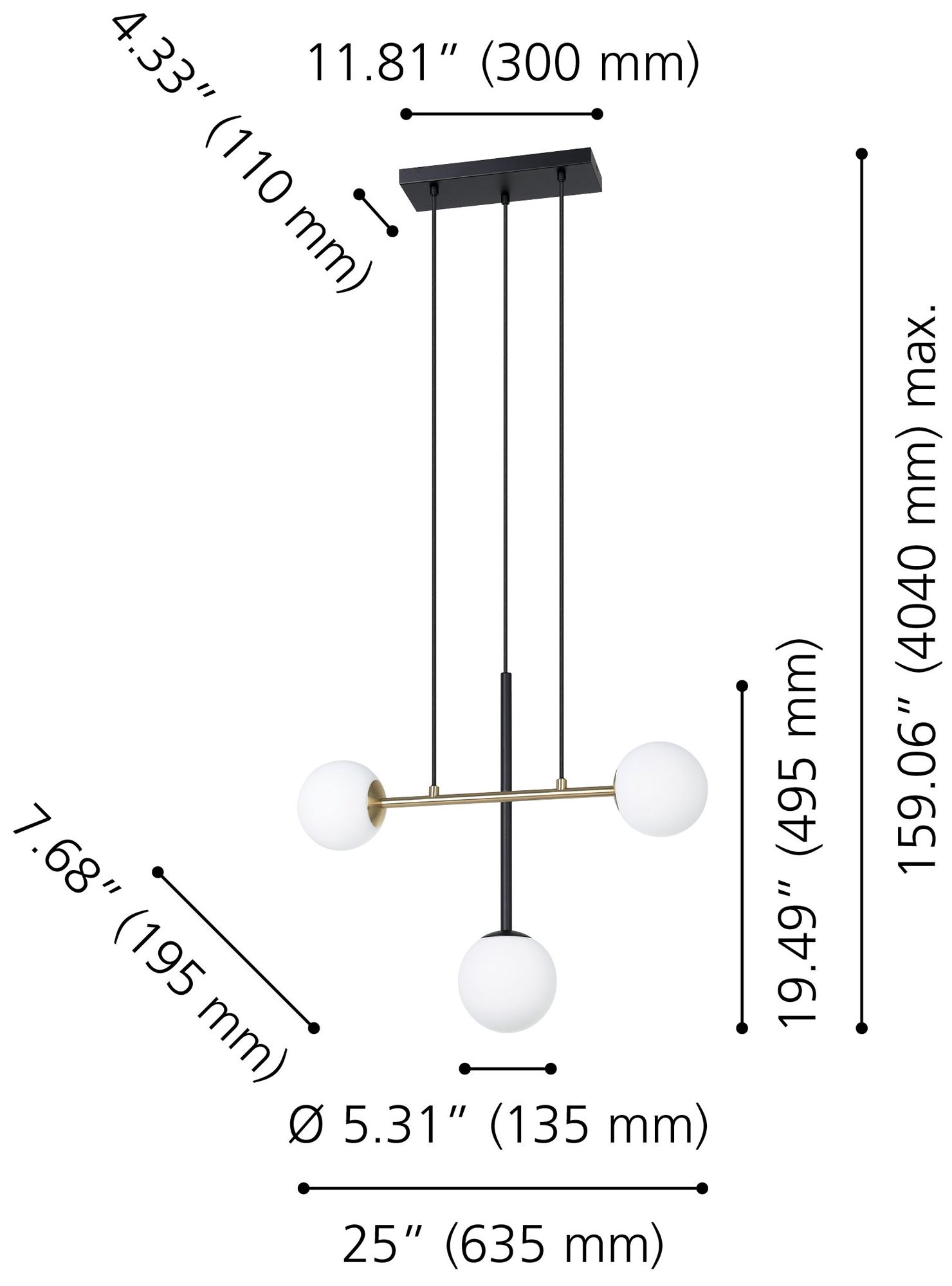 Image 2 Eglo Paz 3 Light Black & Brushed Gold Pendant with White Glass Shades more views