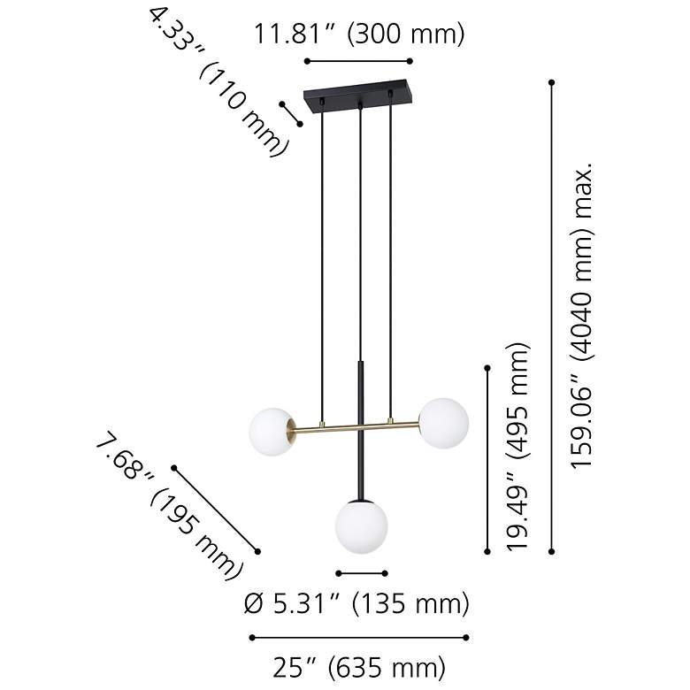 Image 2 Eglo Paz 3 Light Black & Brushed Gold Pendant with White Glass Shades more views