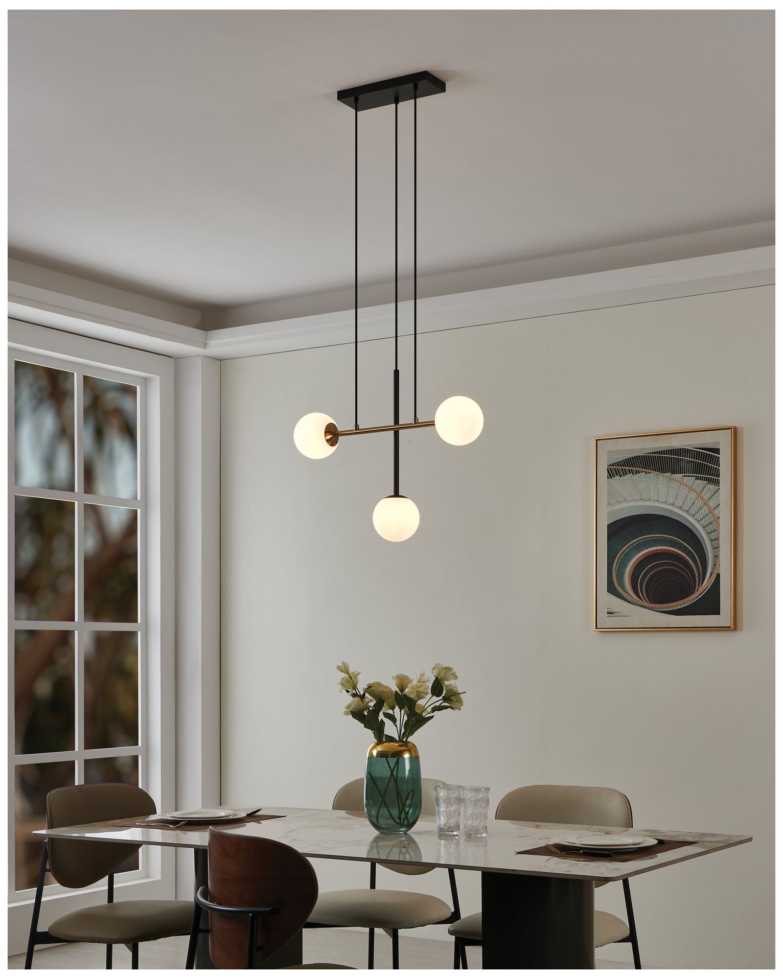 Image 7 Eglo Paz 3 Light Black & Brushed Gold Pendant with White Glass Shades more views