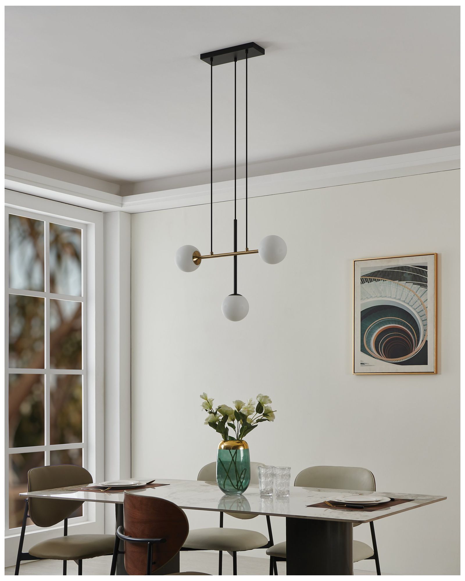 Eglo Paz 3 Light Black & Brushed Gold Pendant with White Glass Shades