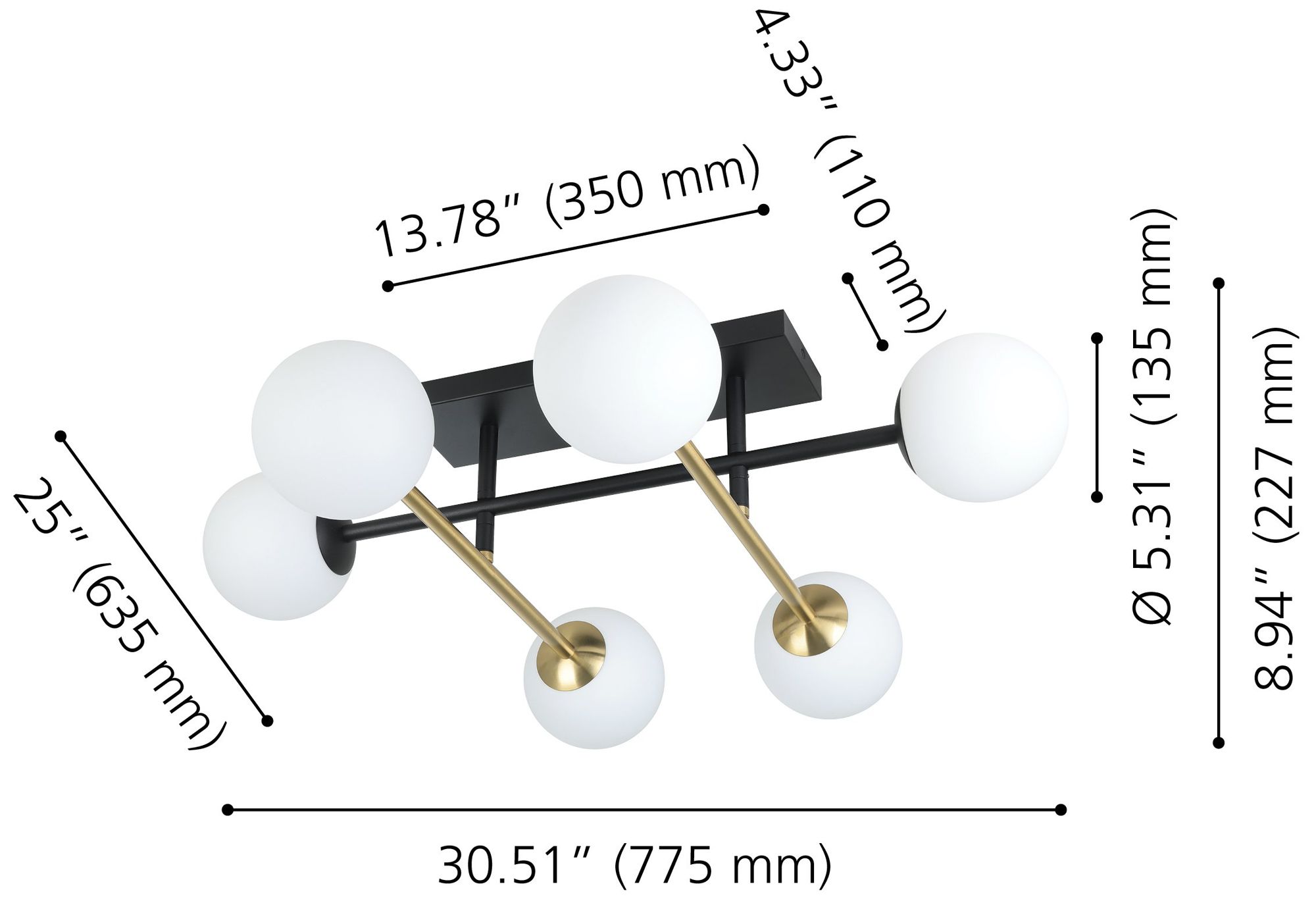 Image 2 Eglo Paz 6 Light Black & Brushed Gold Semi-Flush Mount, White Glass Shades more views