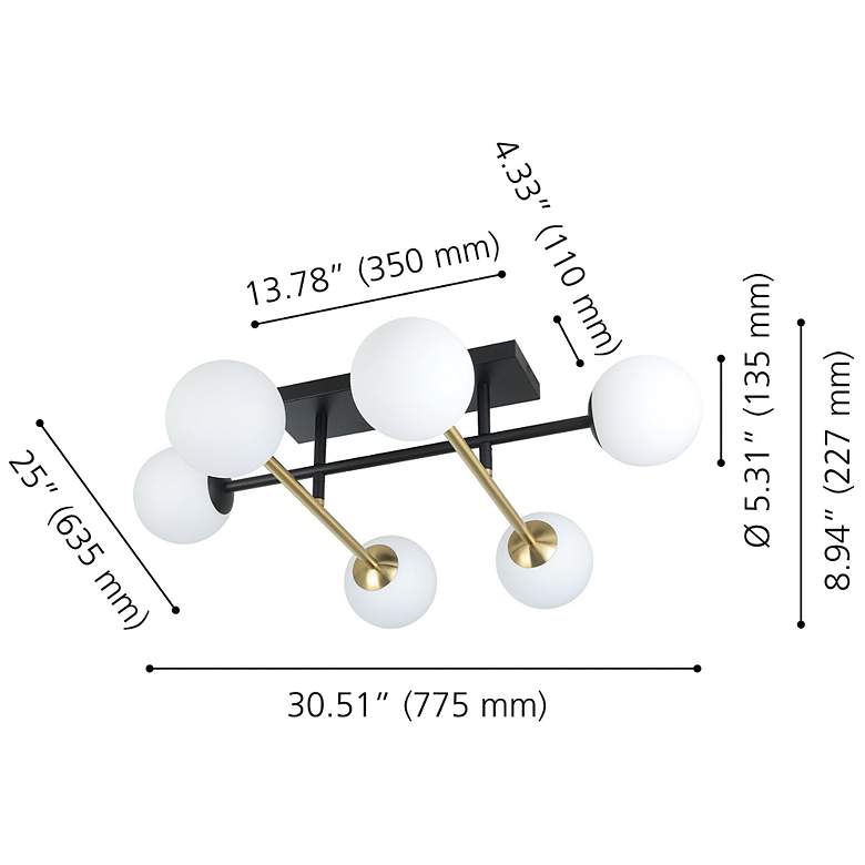 Image 2 Eglo Paz 6 Light Black & Brushed Gold Semi-Flush Mount, White Glass Shades more views