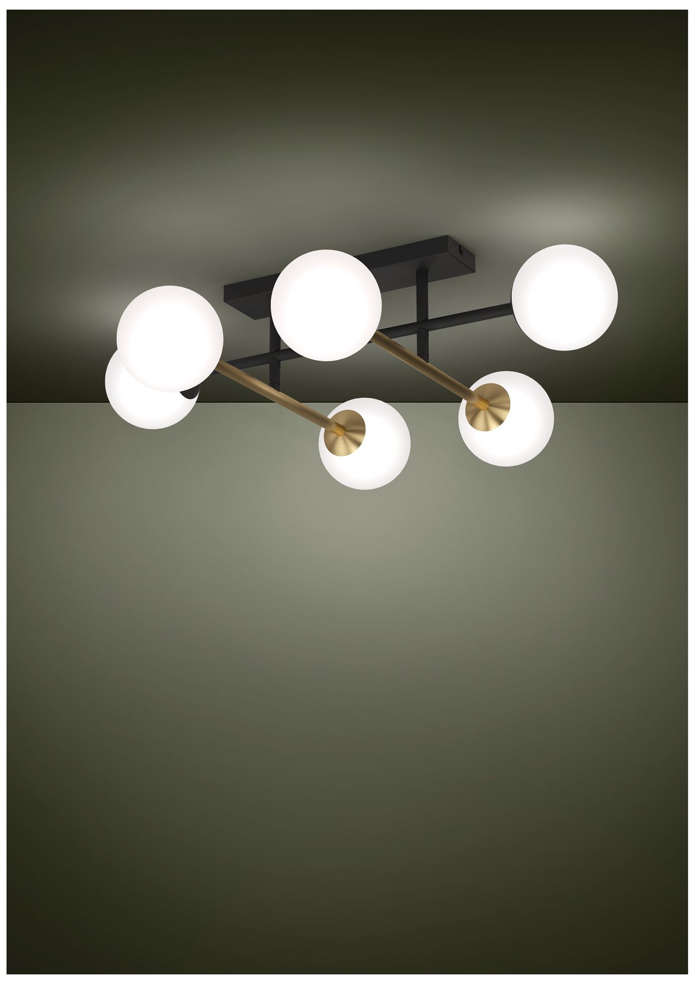 Image 6 Eglo Paz 6 Light Black & Brushed Gold Semi-Flush Mount, White Glass Shades more views