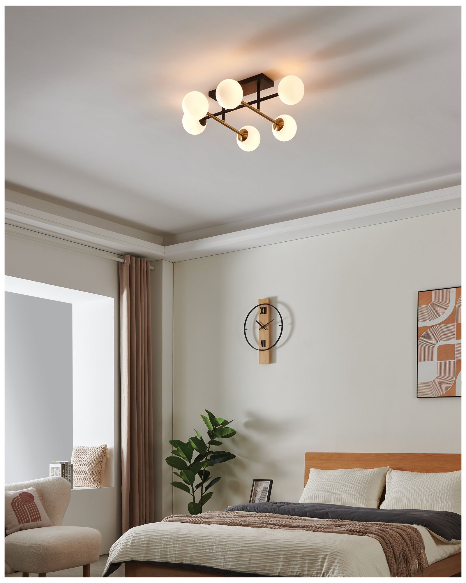 Image 7 Eglo Paz 6 Light Black & Brushed Gold Semi-Flush Mount, White Glass Shades more views