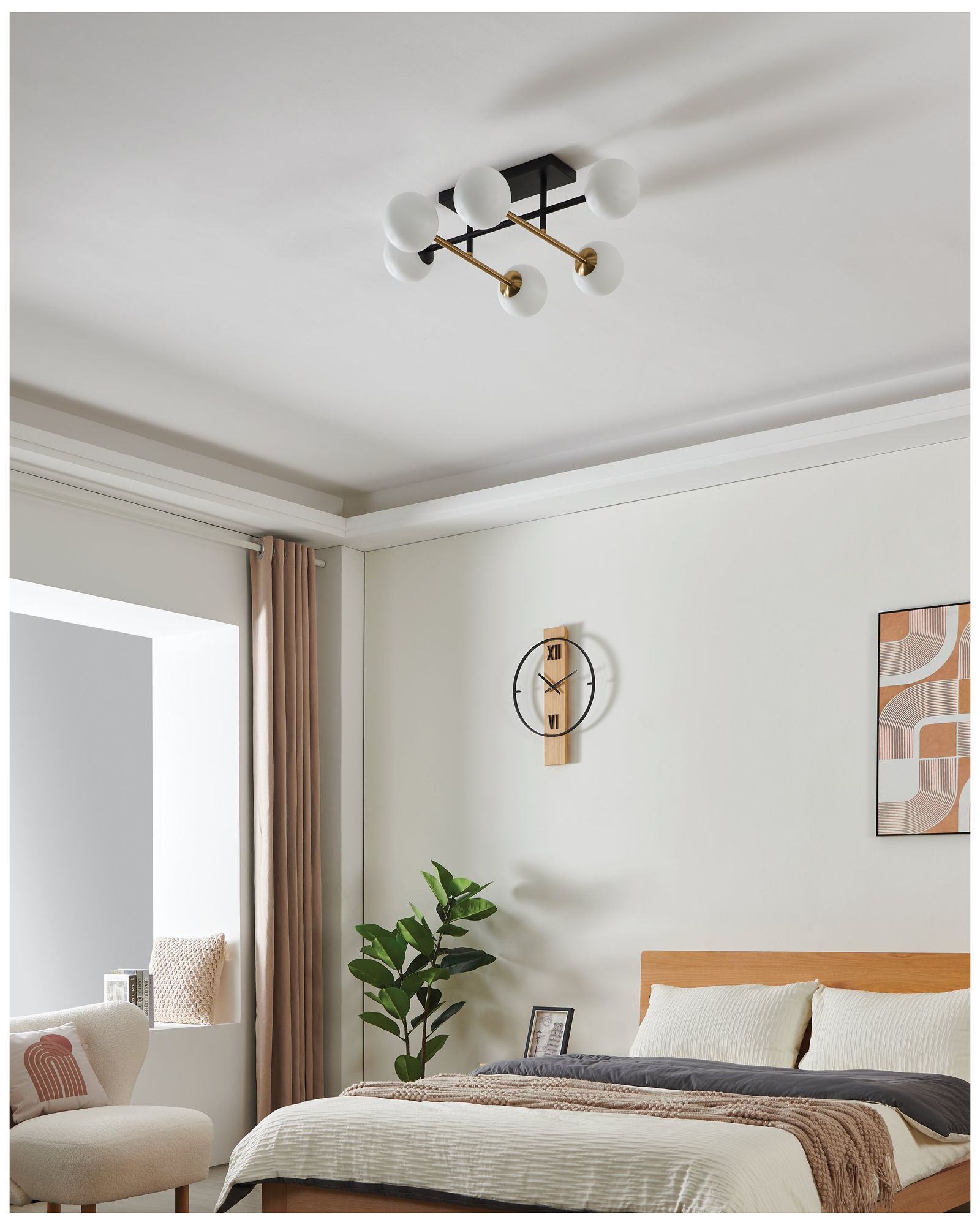 Eglo Paz 6 Light Black & Brushed Gold Semi-Flush Mount, White Glass Shades