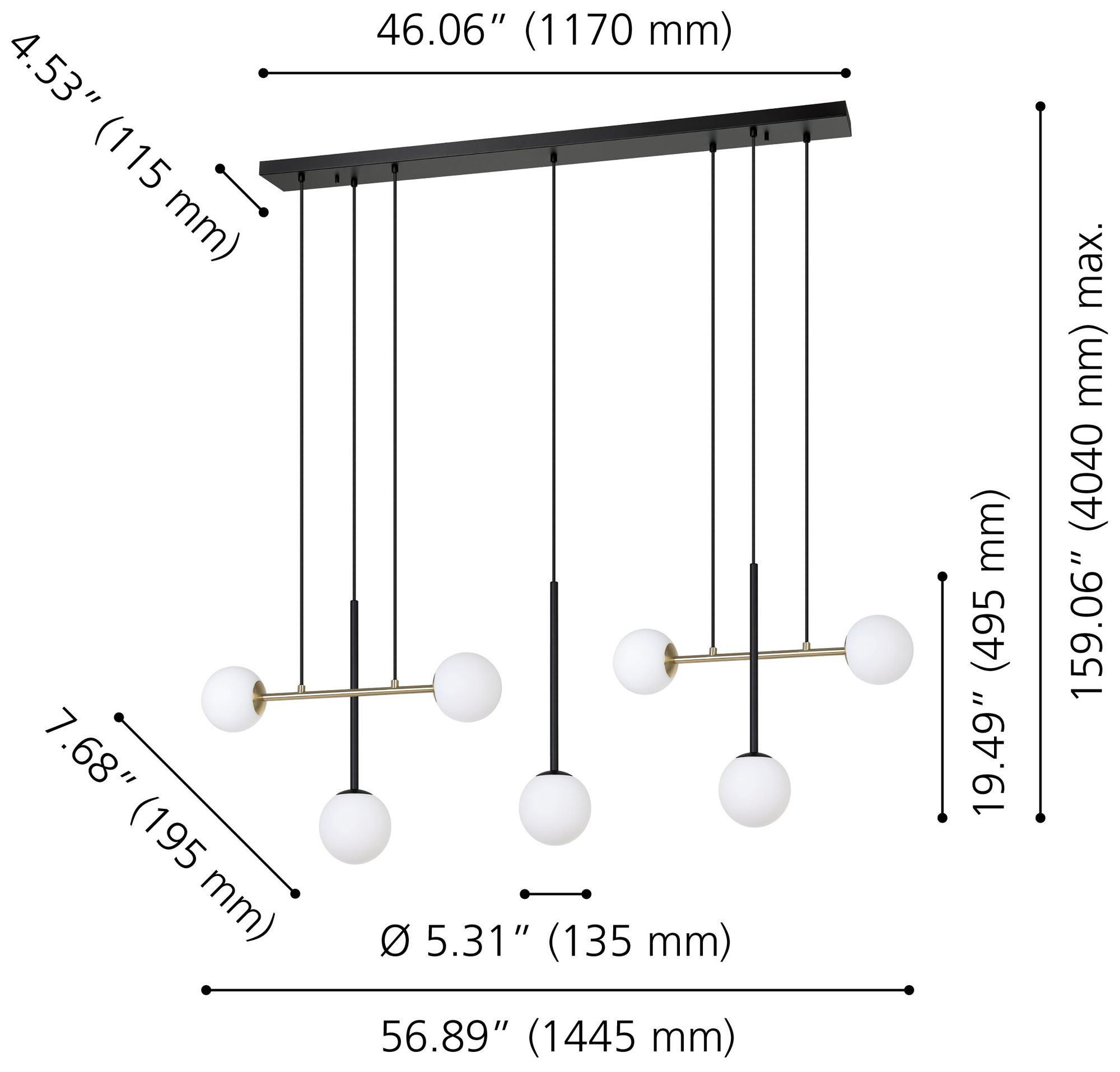 Image 2 Eglo Paz 7 Light Black and Brushed Gold Pendant w/ White Glass Shades more views