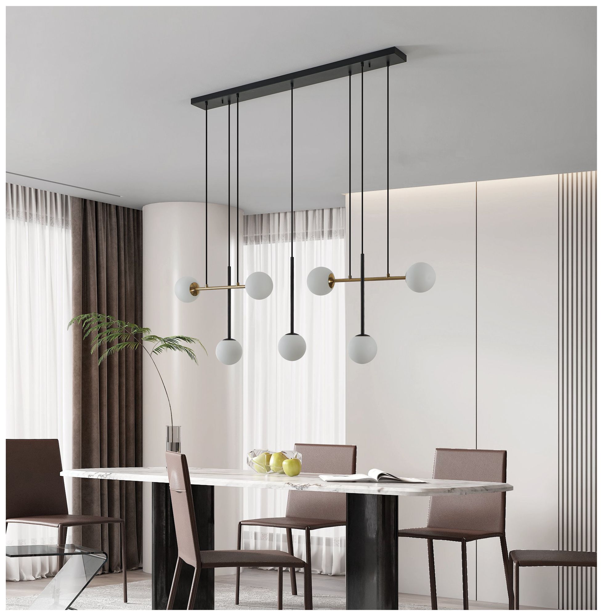 Eglo Paz 7 Light Black and Brushed Gold Pendant w/ White Glass Shades