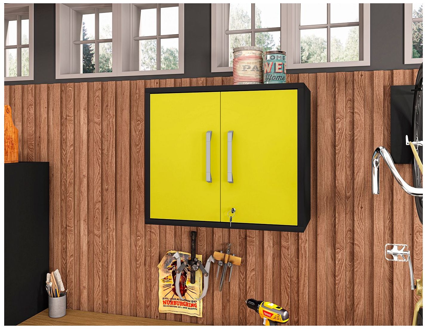 Eiffel Floating Garage Cabinet in Matte Black and Yellow (Set of 2)