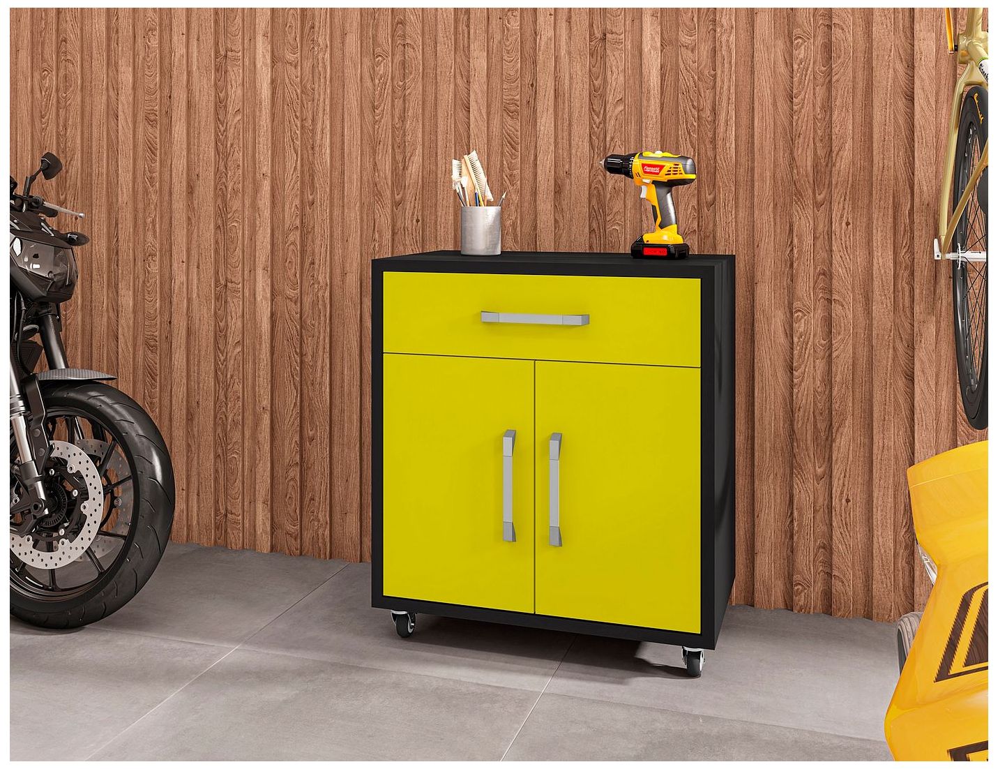 Eiffel Mobile Garage Cabinet in Matte Black and Yellow (Set of 2)