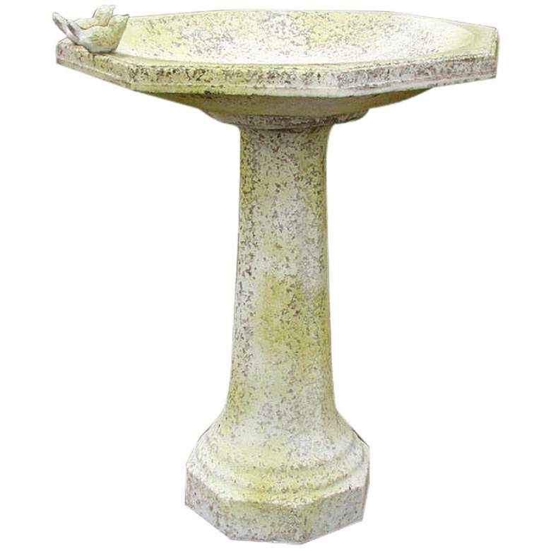 Image 1 Eigth Sided 27" High White Moss Outdoor Bird Bath w/Birds