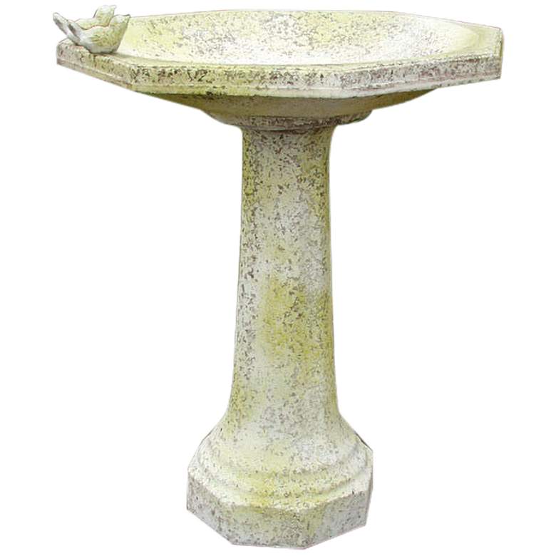 Image 1 Eigth Sided 27 inch High White Moss Outdoor Bird Bath w/Birds