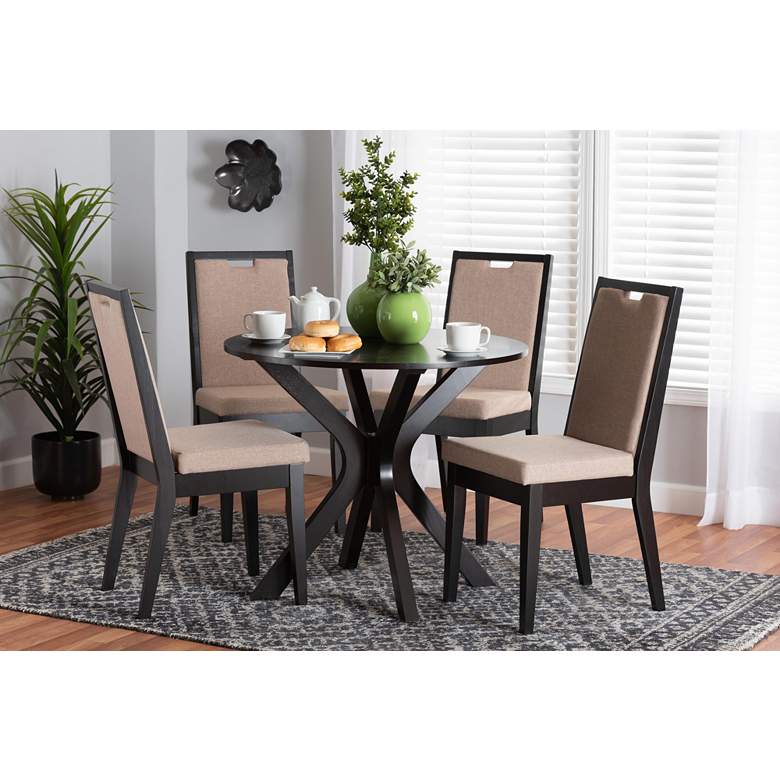 Image 1 Eira Sand Fabric Dark Brown Wood 5-Piece Dining Set
