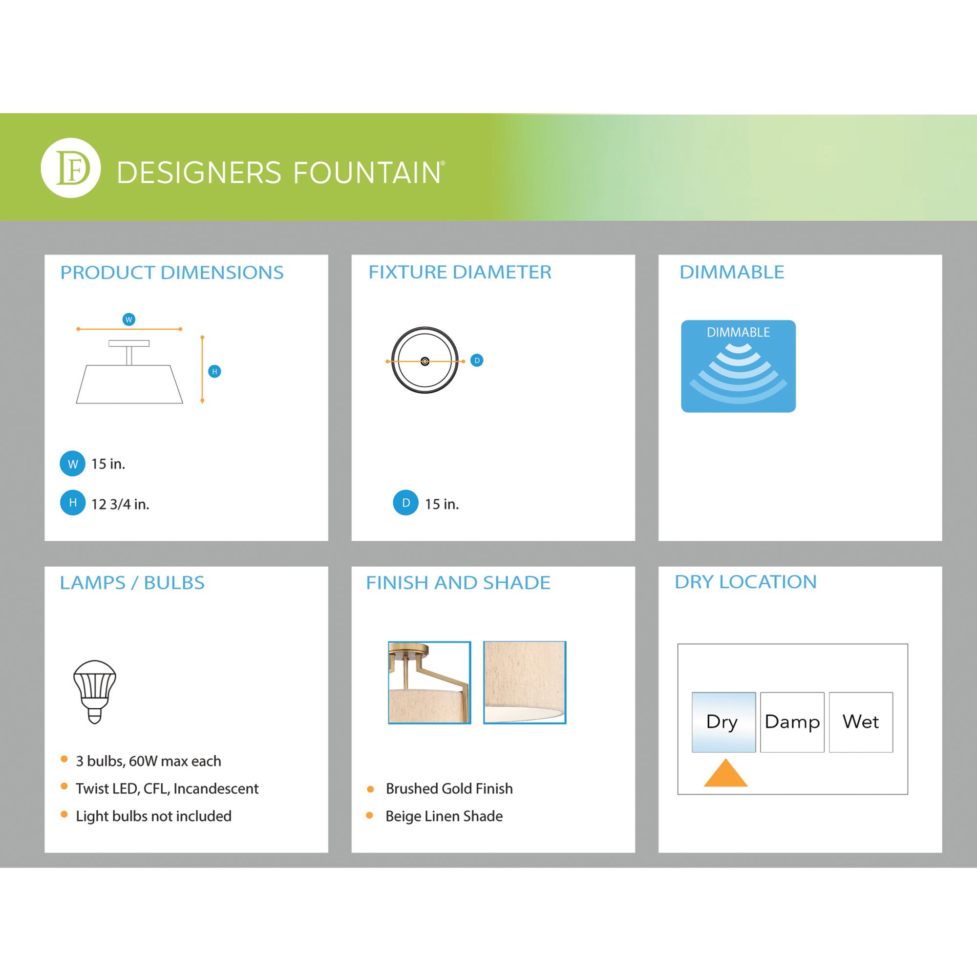 Elara 3 Light 15 in. Semi-Flush Brushed Gold Finish