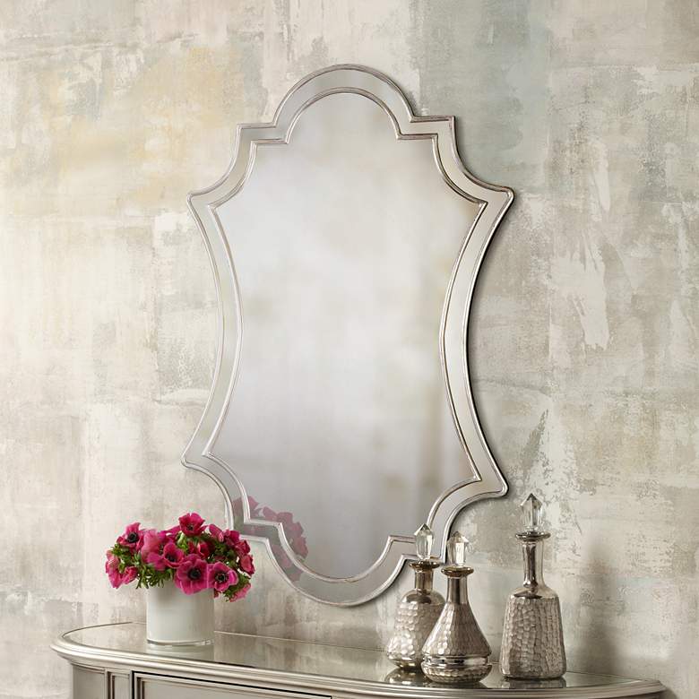 Image 1 Elara Antiqued Silver 27" x 43" Quatrefoil Wall Mirror