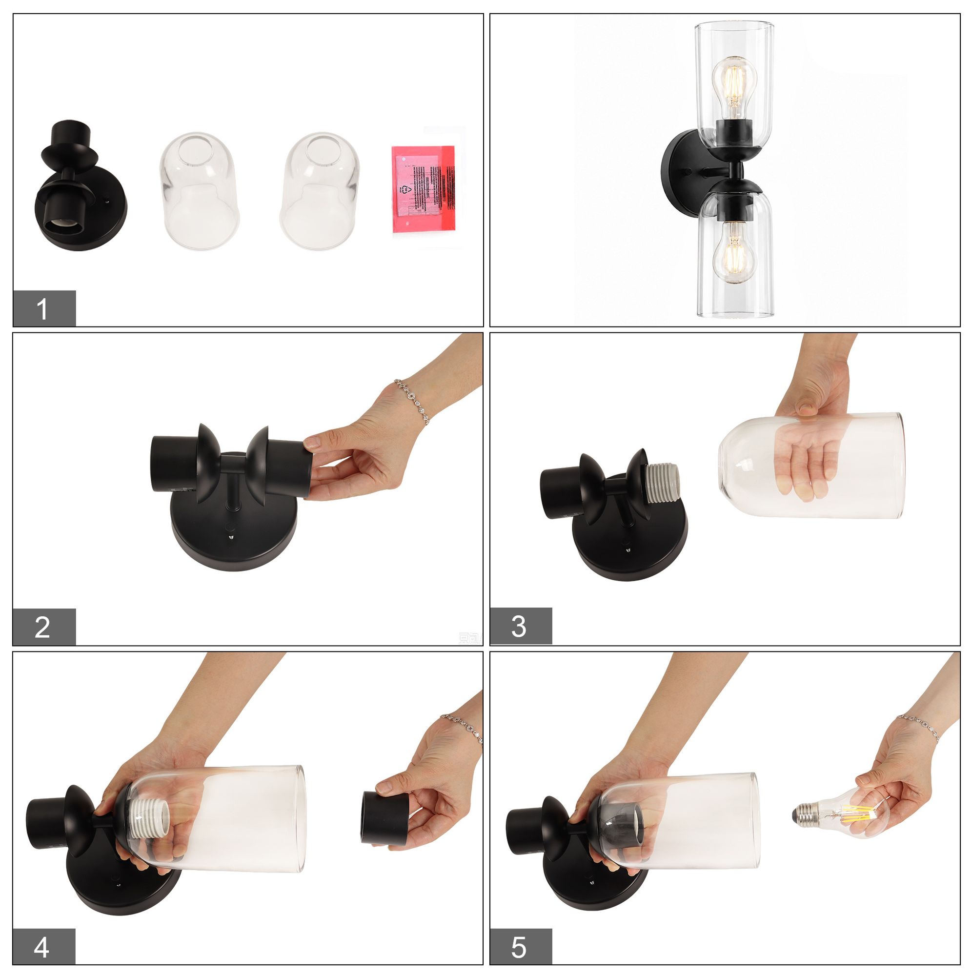 Thumbnail4 of Elara Modern Matte Black 2-Light Clear Glass Wall Sconce Vanity Light more views