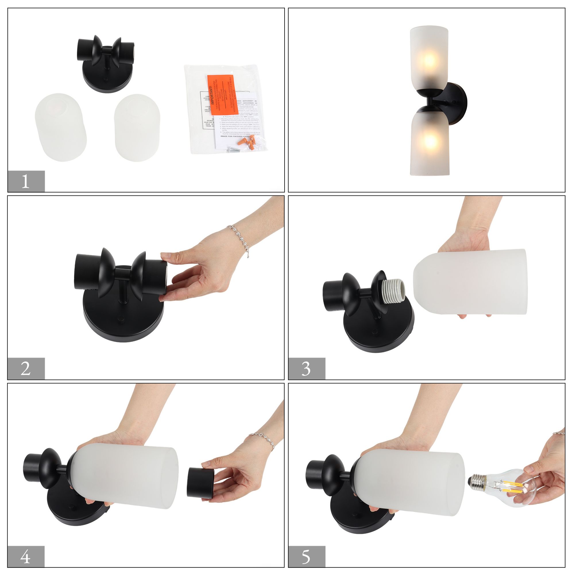 Image 4 Elara Modern Matte Black 2-Light Frosted Glass Wall Sconce Vanity Light more views