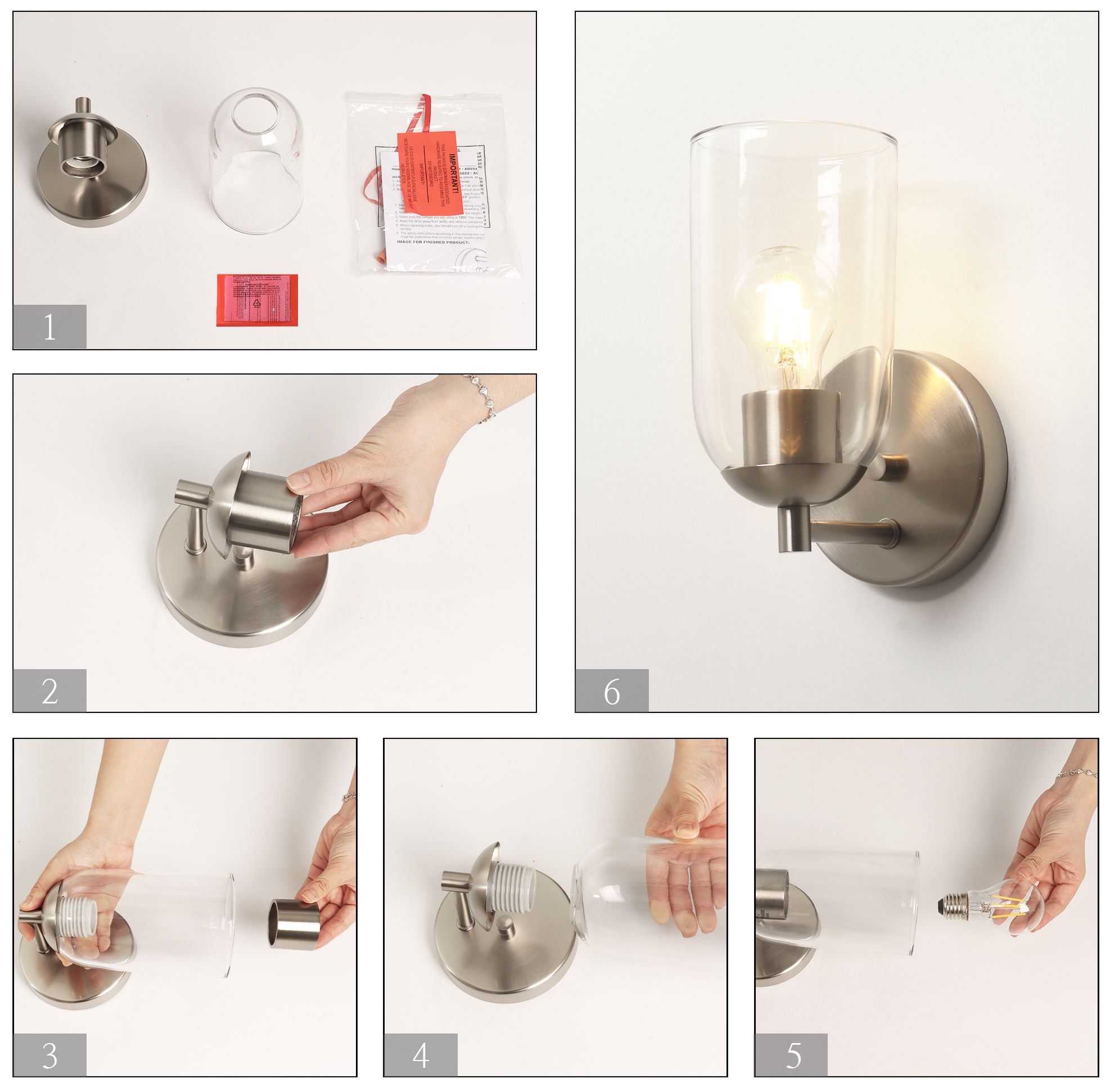 Image 4 Elara Modern Satin Nickel 1-Light Clear Glass Wall Sconce Vanity Light more views