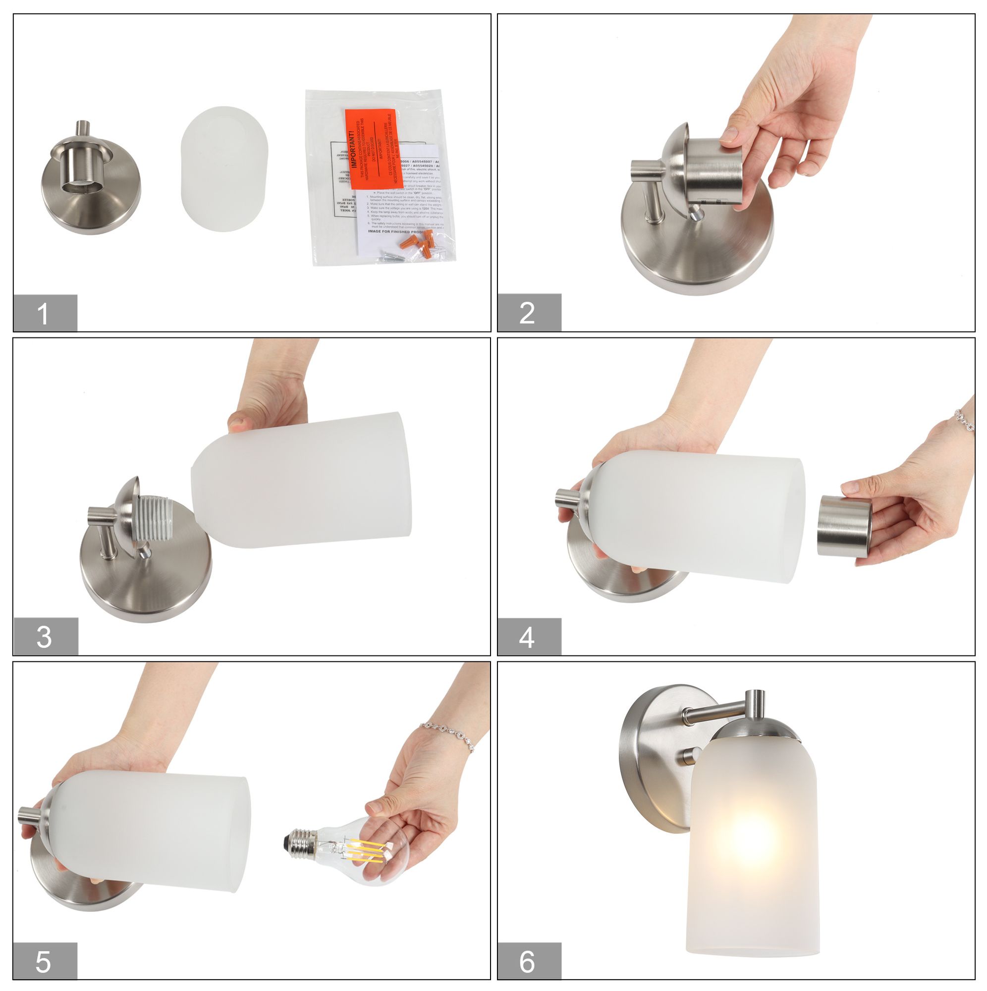 Image 4 Elara Modern Satin Nickel 1-Light Frosted Glass Wall Sconce more views