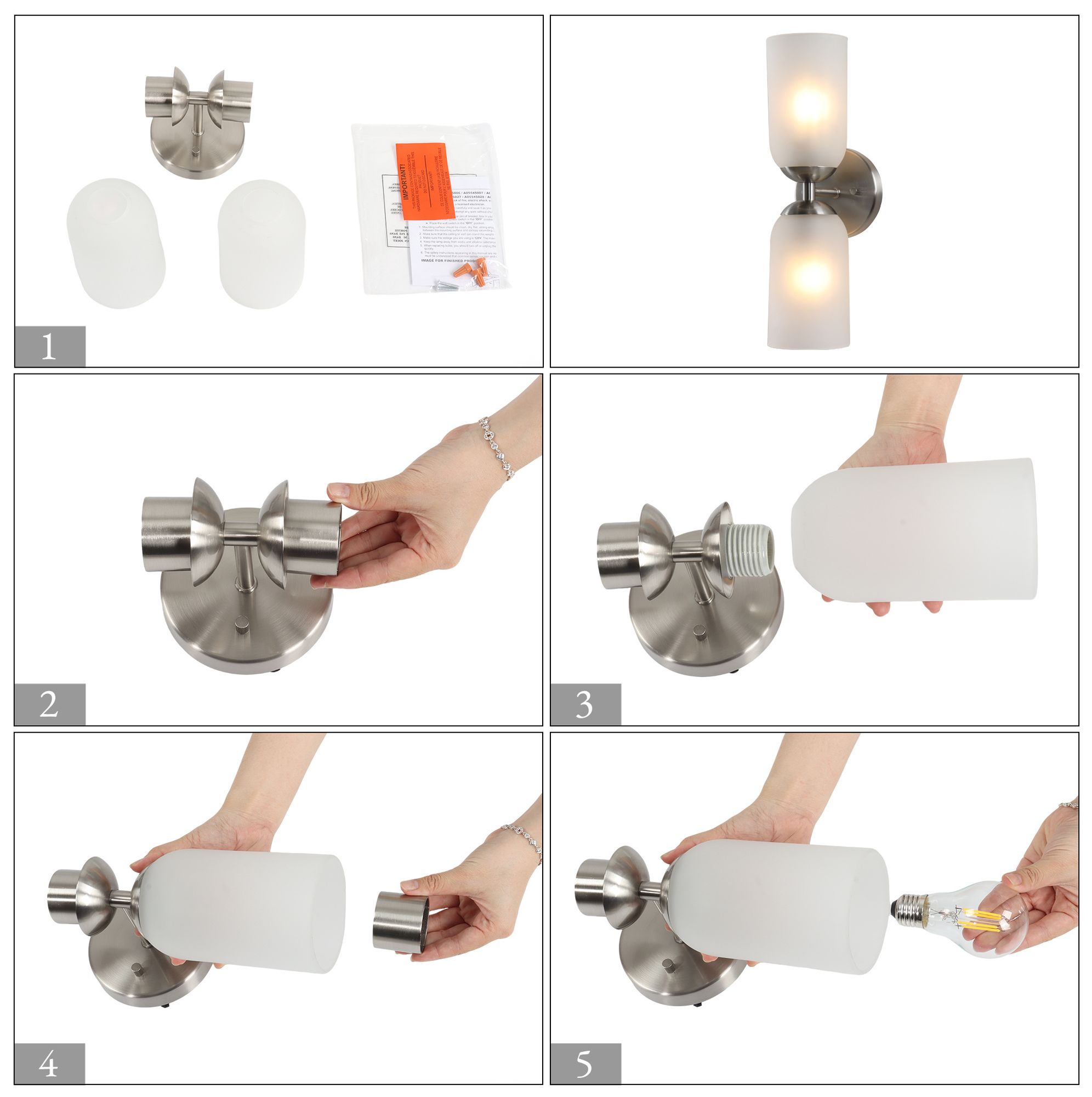 Thumbnail4 of Elara Modern Satin Nickel 2-Light Frosted Glass Wall Sconce Vanity Light more views