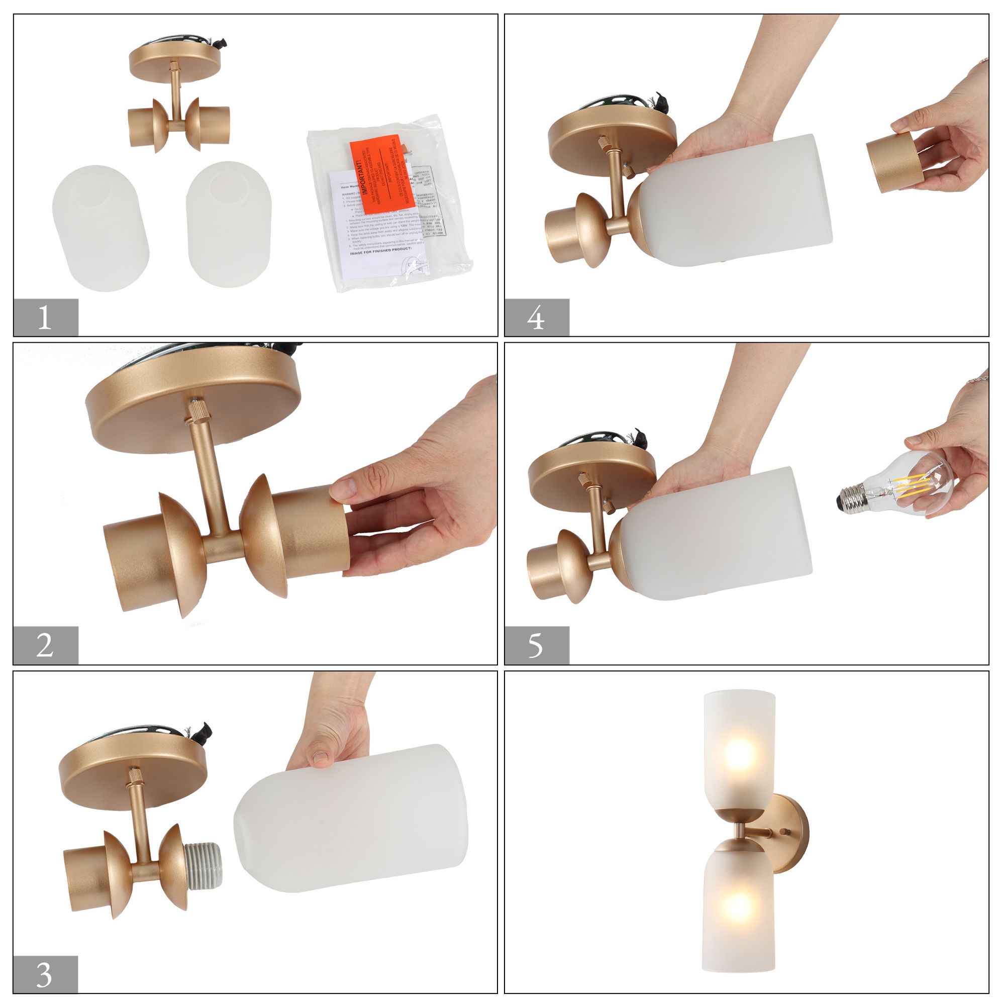 Image 4 Elara Modern Warm Gold 2-Light Frosted Glass Wall Sconce Vanity Light more views