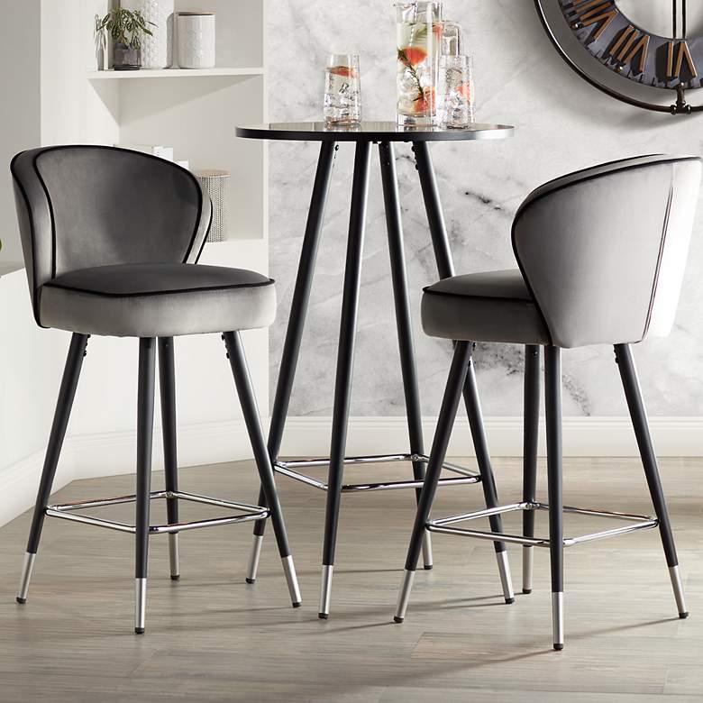 Image 2 Elba 27 3/4" Gray Velvet with Black Piping Counter Stools Set of 2