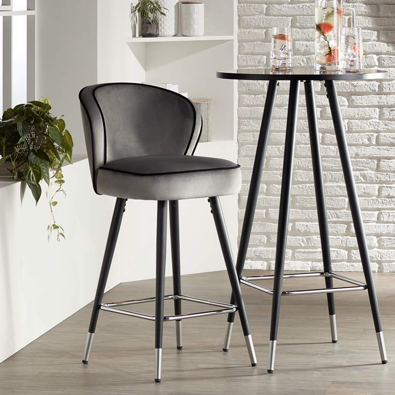 Image 2 Elba 27 3/4 inch Gray Velvet with Black Piping Counter Stool