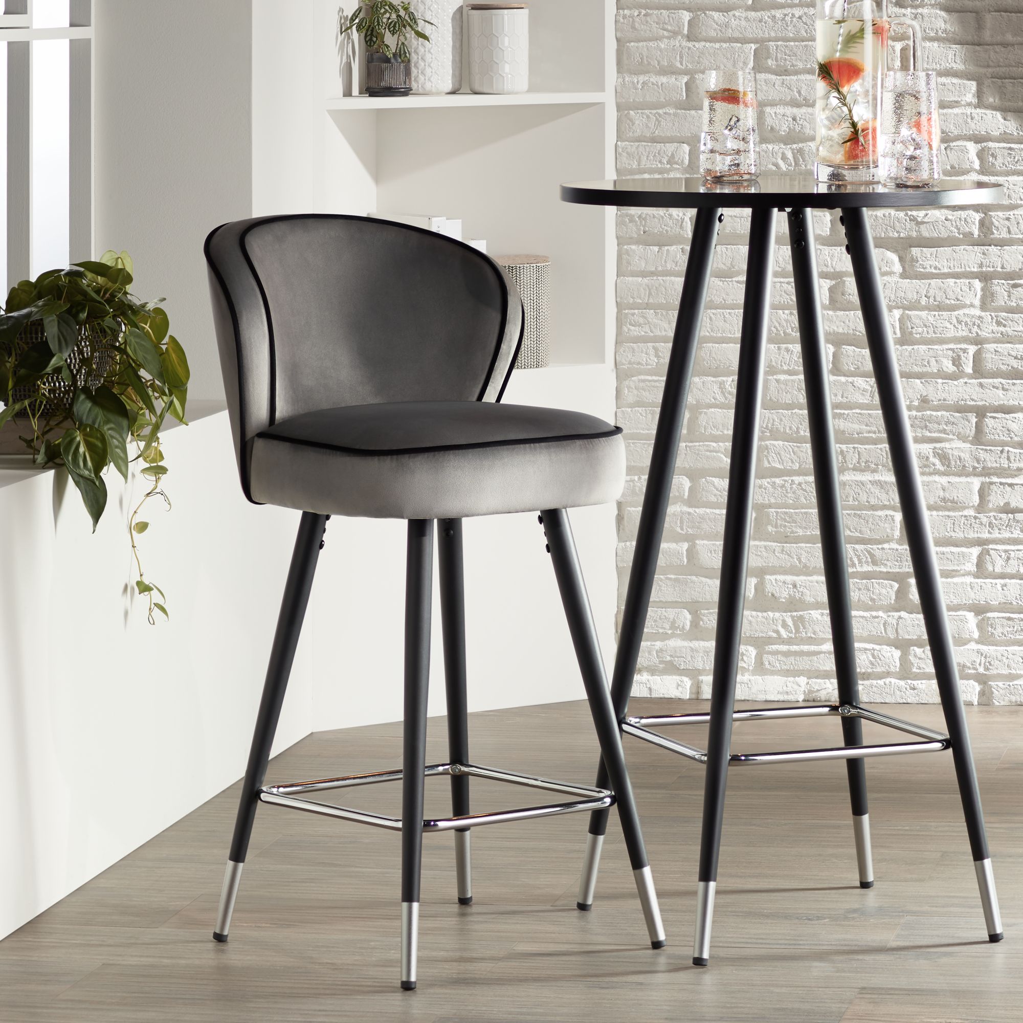 Elba 27 3/4" Gray Velvet with Black Piping Counter Stools Set of 2 in scene