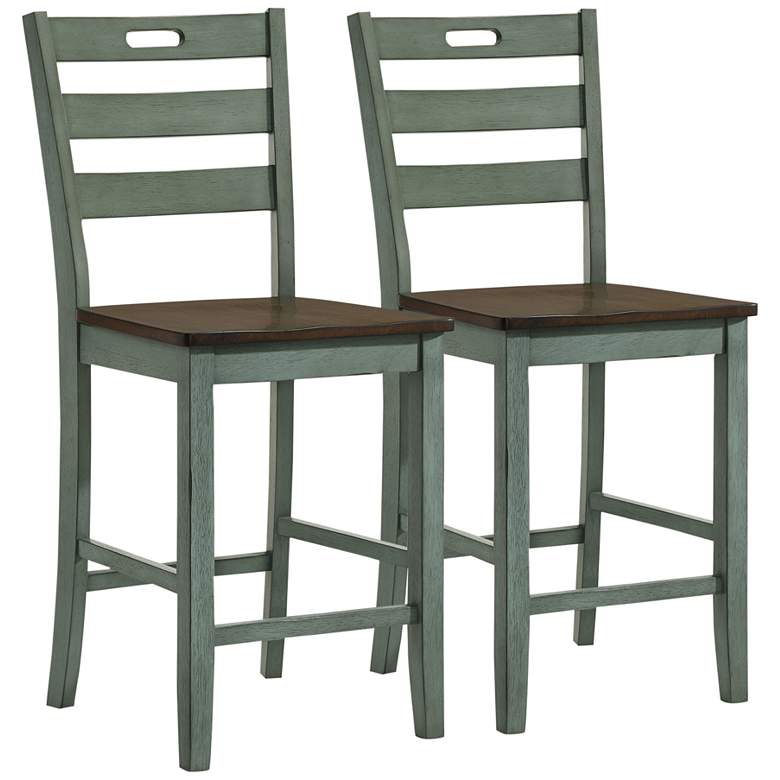Image 2 Elda 24" Antique Green Wood Counter Stools Set of 2