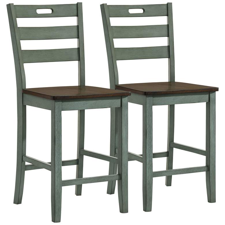 Image 2 Elda 24 inch Antique Green Wood Counter Stools Set of 2