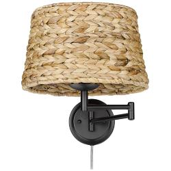 Eleanor 12&quot; Wide Matte Black 1-Light Swing Arm with Woven Sweet Grass
