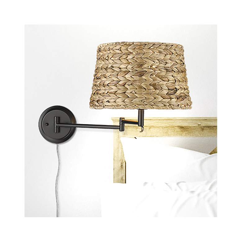 Image 2 Eleanor 12 inch Wide Matte Black 1-Light Swing Arm with Woven Sweet Grass