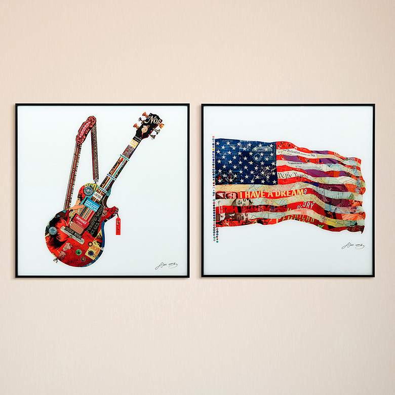 Image 1 Electric Guitar and Old Glory 24 inch Square Framed Wall Art Set