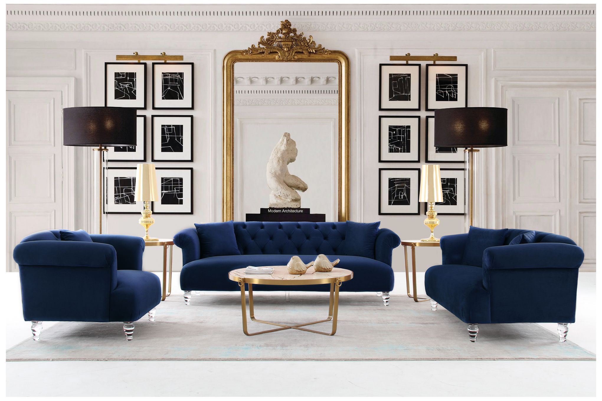 Image 5 Elegance 89 in. Contemporary Sofa in Blue Velvet, and Acrylic Legs more views