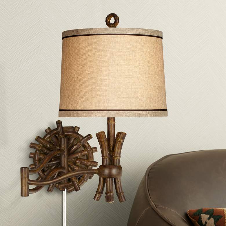 Image 1 Elegant Bamboo Plug-In Swing Arm Wall Lamp - Dark Finish