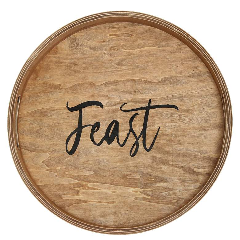 Image 1 Elegant Designs 13.75" Round Wood Serving Tray w Handles, "Feast&
