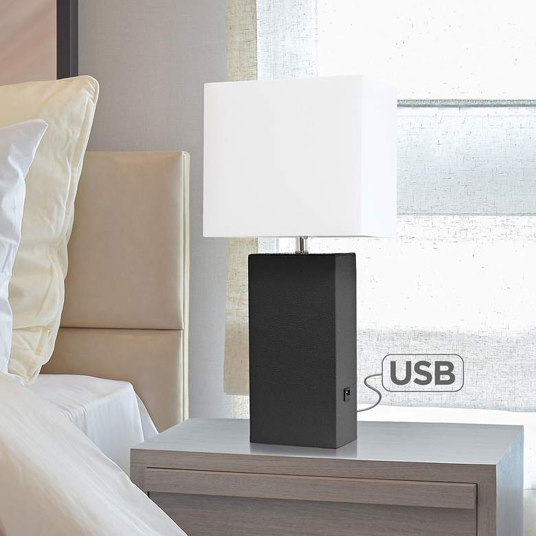 Image 1 Elegant Designs 21 inch Black Leather Table Lamp with USB Port