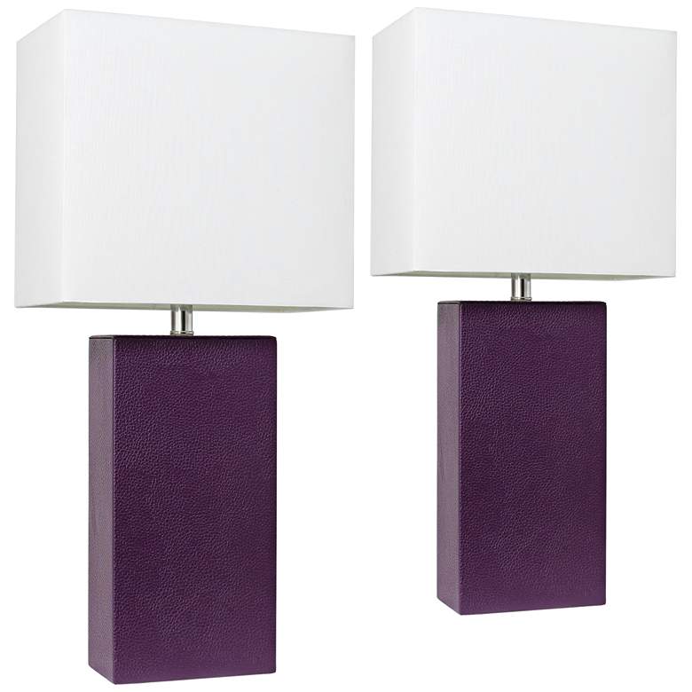 Image 1 Elegant Designs 21 inch Eggplant Purple Leather Table Lamps Set of 2