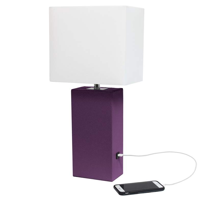 Image 1 Elegant Designs 21" Leather Wrapped Lamp w/ USB, Eggplant, w/ LED Bulb