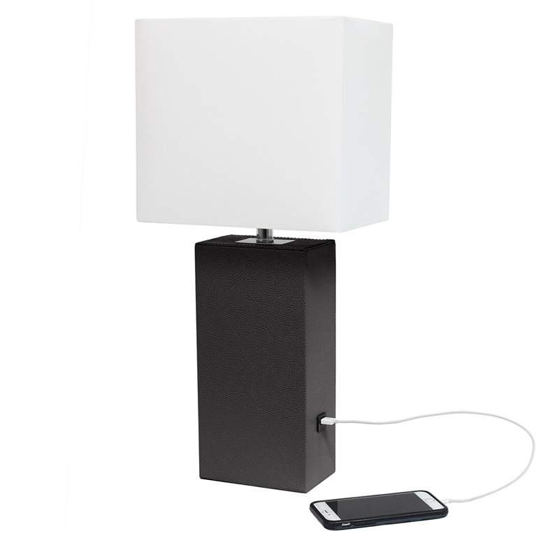 Image 1 Elegant Designs 21" Leather Wrapped Lamp w/USB, Espresso Brown, w/ LED