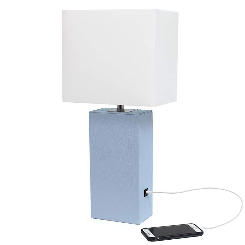 Image 1 Elegant Designs 21" Leather Wrapped Lamp w/ USB, Periwinkle, w/ LED Bu